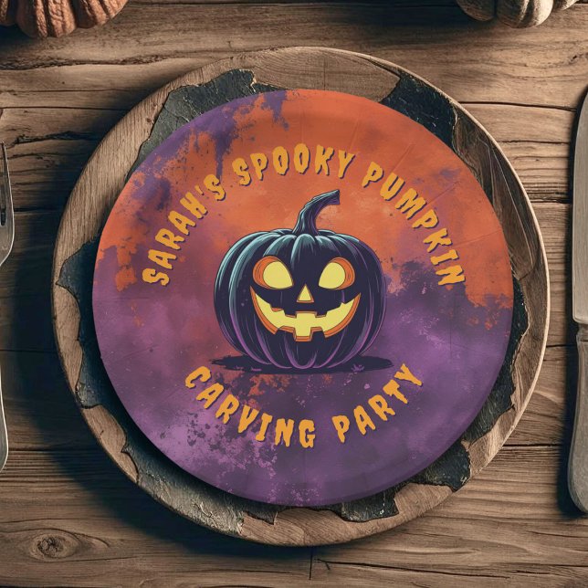 Prato De Papel Placas de Papel de Pumpkin do Halloween Spooky (Spooky Pumpkin Carving Party Paper plate just for you. Add you party details)