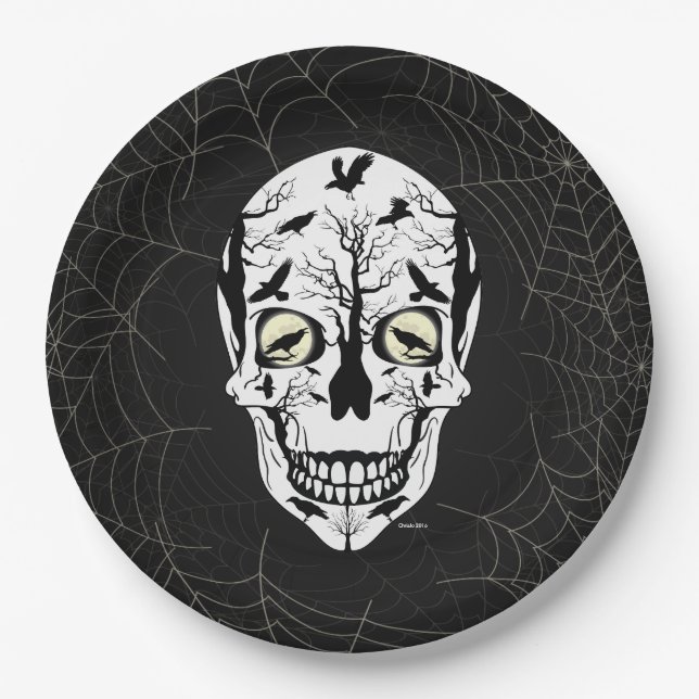 Prato De Papel Placas de papel do Halloween - Raven Skeleton (Frente)