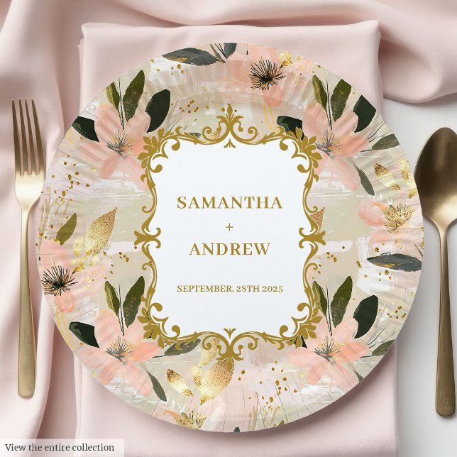 Prato De Papel Placas de papel Dourado para casamentos bonito com (Pretty Blush Gold Wedding Paper Plates)