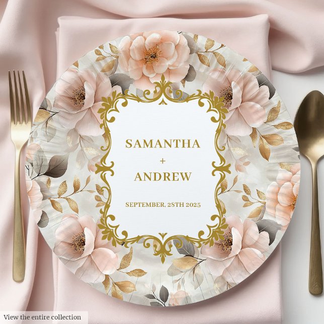 Prato De Papel Placas de papel Dourado para casamentos com Blush  (Unique Blush Gold Wedding Paper Plates)
