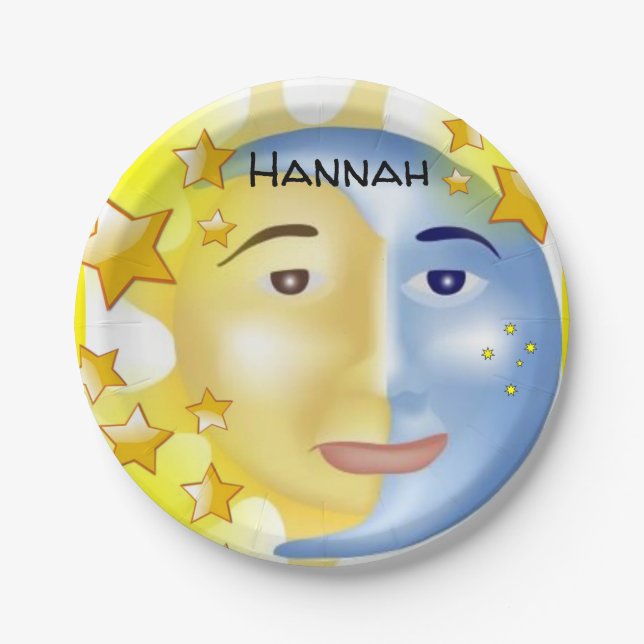 Prato De Papel Placas de papel, estrelas amarelas da lua solar (Frente)