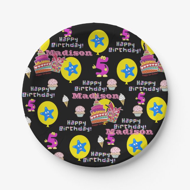 Prato De Papel Placas de Papel, Feliz 5 de Aniversário #5 Balões (Frente)