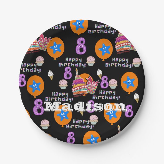 Prato De Papel Placas de Papel, Feliz 8.º Aniversário #8 Balões (Frente)