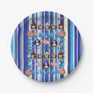Prato De Papel Placas de papel, Feliz aniversário Stripe Pinguim