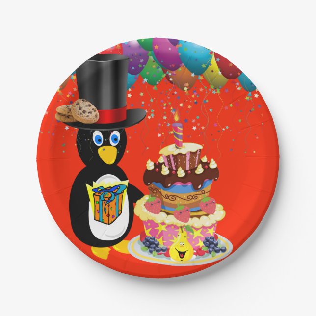 Prato De Papel Placas de Papel, Feliz Pinguim de Aniversário (Frente)