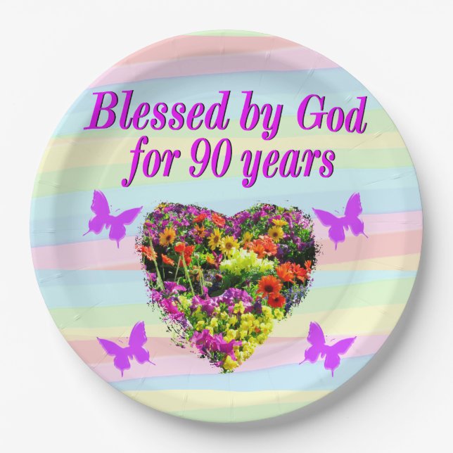 PRATO DE PAPEL PLACAS DE PAPEL FLORAL DE ANIVERSÁRIO DE 90 FLORAL (Frente)