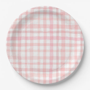 Prato De Papel Placas De Papel Gingham, Cor-De-Água, Rosa