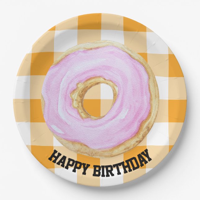 Prato De Papel Placas de papel gingham de aniversário feliz (Frente)