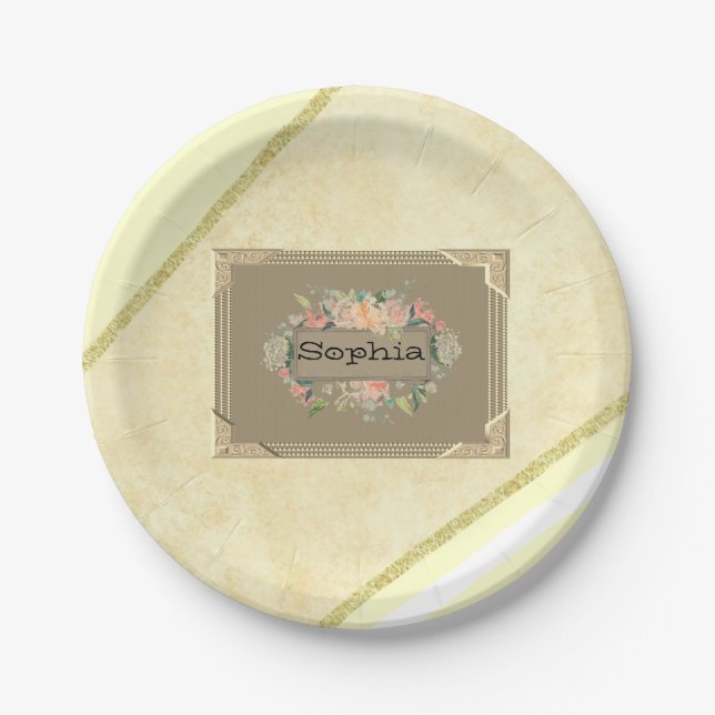 Prato De Papel Placas de papel, Monograma Floral Dourado de faixa (Frente)