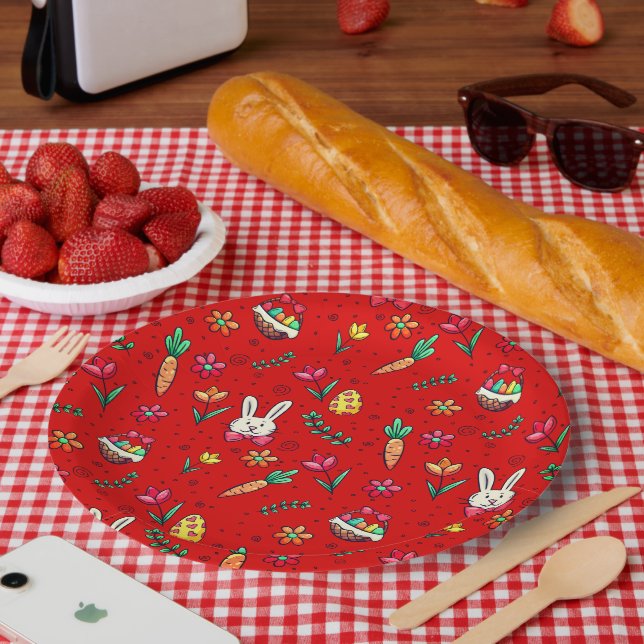 Prato De Papel Placas de papel padrão de Páscoa vermelha (Piquenique)