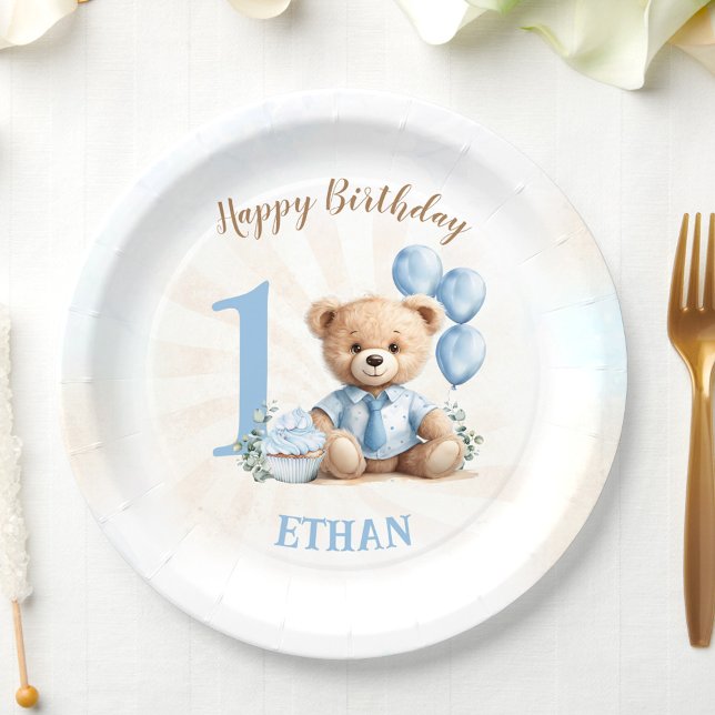 Prato De Papel Placas de papel para balões azuis de primeiro aniv (Teddy Bear 1st Birthday Blue Balloons Paper Plates)