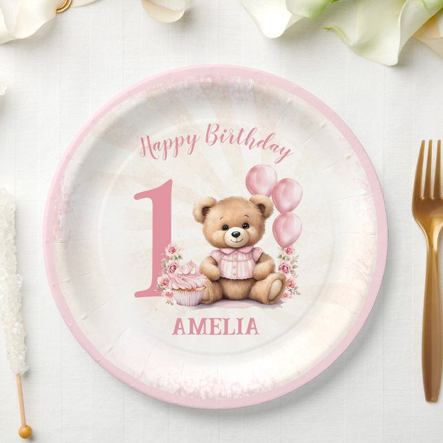 Prato De Papel Placas de papel para balões cor-de-rosa com Urso p (1st Birthday Teddy Bear Pink Balloons Paper Plates)