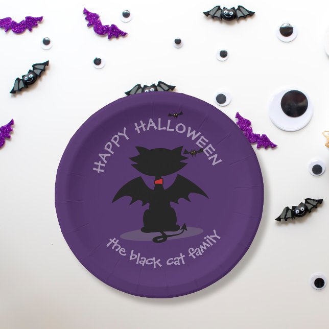 Prato De Papel Placas de papel para casas de gatos pretos e bonit (Purrfect paper plates for your black cat themed Halloween Party. Just add your family name)