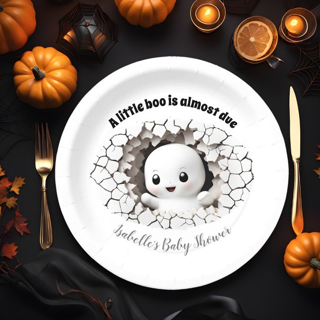 Prato De Papel Placas de papel para Chá de fraldas fantasma de pe (Peeking baby ghost Halloween baby Shower Paper Plates, A little boo is almost due)