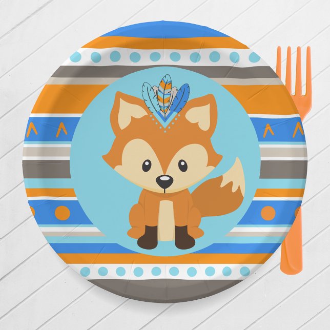 Prato De Papel Placas de papel para festas de Raposa de Madeira c (Tribal Woodland Forest Fox Party Paper Plates in Royal Blue, Baby Blue. Orange, Brown & Tan)