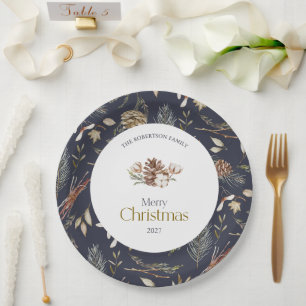 Prato De Papel Placas de papel para inverno elegantes com pinecon