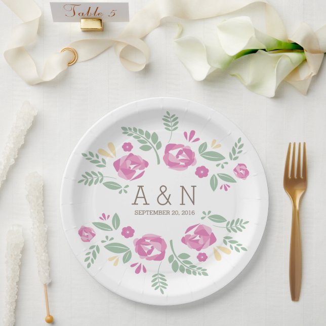 Prato De Papel Placas De Papel Para Monogramas Florais De Países  (Casamento)