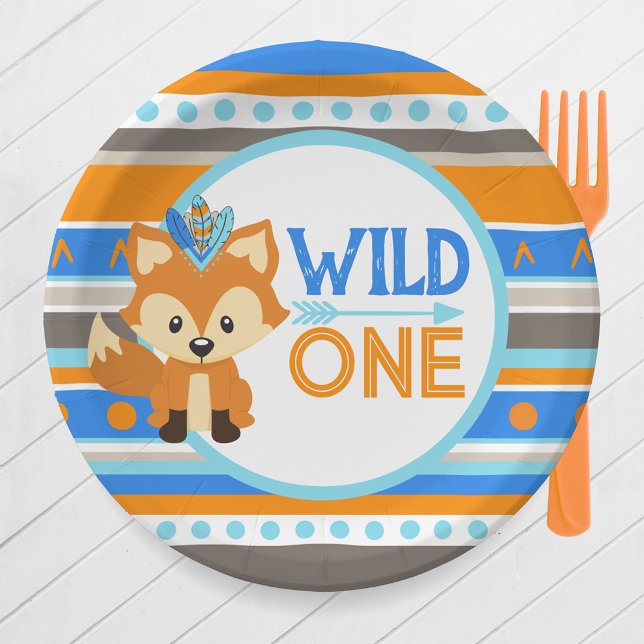 Prato De Papel Placas de papel para primeiro aniversario de uma r (Forest Fox Wild One 1st Birthday Party Paper Plates in Royal Blue, Baby Blue & Orange )