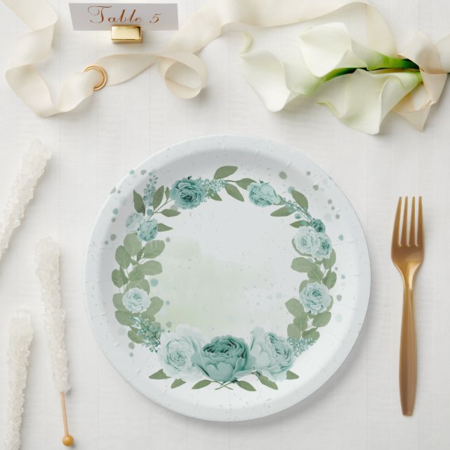 Prato De Papel placas de papel verde com flores azuis românticas (Casamento)