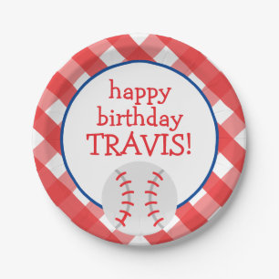 Prato De Papel Placas de Partido Personalizadas Gingham Baseball