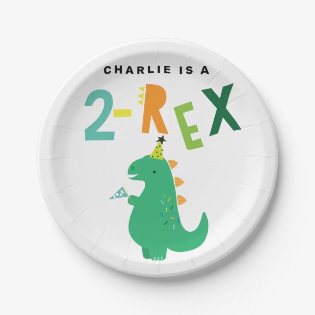 Prato De Papel Placas de segundo aniversário do Dinossauro 2-Rex (Frente)