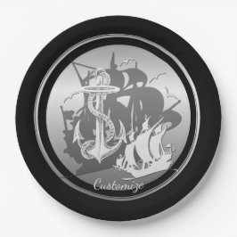 Prato De Papel Placas de Silhueta Branca Pirata de Navio e Âncora