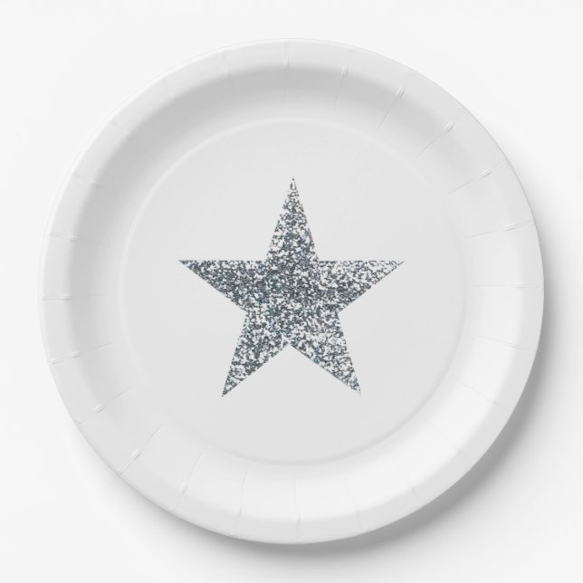 Prato De Papel Placas do Partido - Estrela Glitter Silver (Frente)