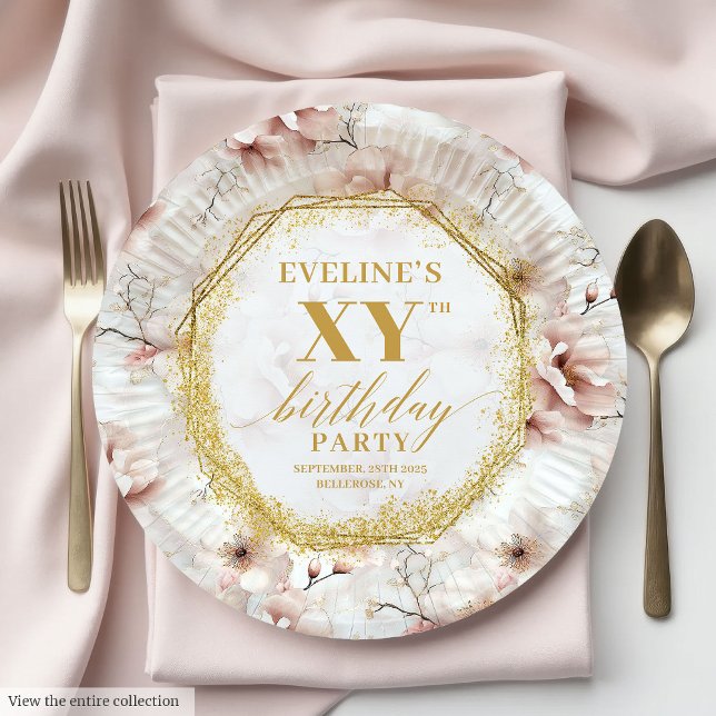 Prato De Papel Placas Douradas de Aniversário, , de Blush (Gorgeous Blush Floral Gold Birthday Paper Plates)