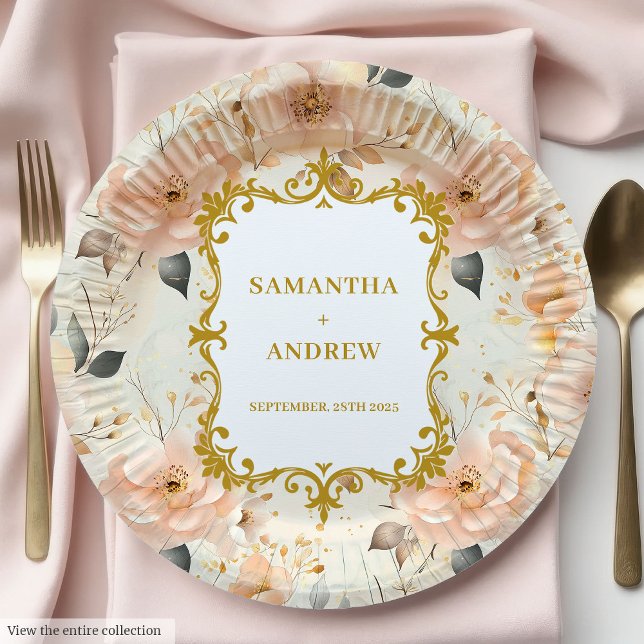 Prato De Papel Placas Douradas de Casamento Românticas (Romantic Blush Gold Wedding Paper Plates)