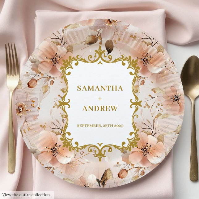 Prato De Papel Placas Douradas De Papel De Casamento Com Blush De (Fancy Blush Gold Wedding Paper Plates)