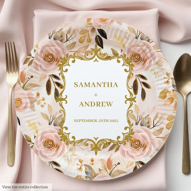 Prato De Papel Placas Douradas De Papel De Casamento Luxe Blush (Luxe Blush Gold Wedding Paper Plates)