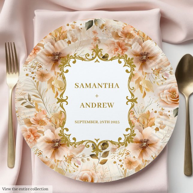 Prato De Papel Placas Douradas de Papel de Casamento na moda Blus (Stylish Blush Gold Wedding Paper Plates)