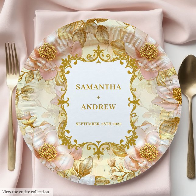 Prato De Papel Placas Douradas De Papel De Casamento Para Blush E (Elegant Blush Gold Wedding Paper Plates)