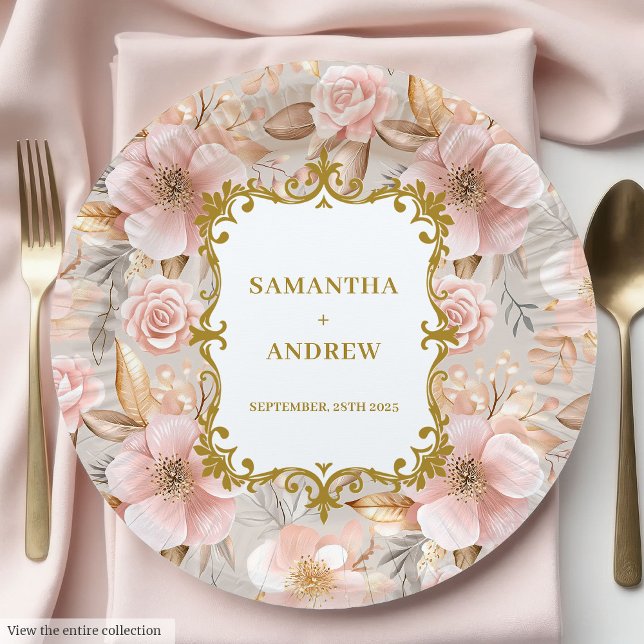 Prato De Papel Placas Douradas para Casamento Modernas (Modern Blush Gold Wedding Paper Plates)