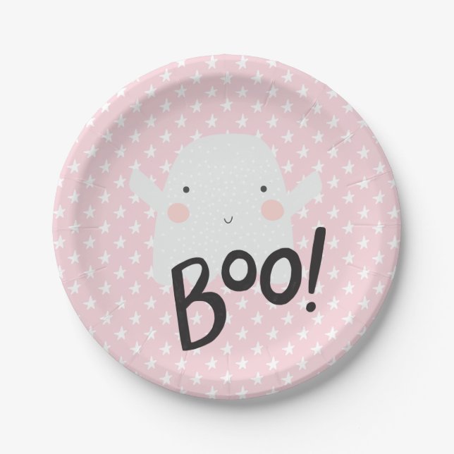 Prato De Papel Placas Fantasmas do Halloween a Rosa (Frente)