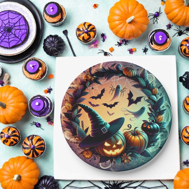 Prato De Papel Placas Noturnas de Halloween Encantadas (Criador carregado)