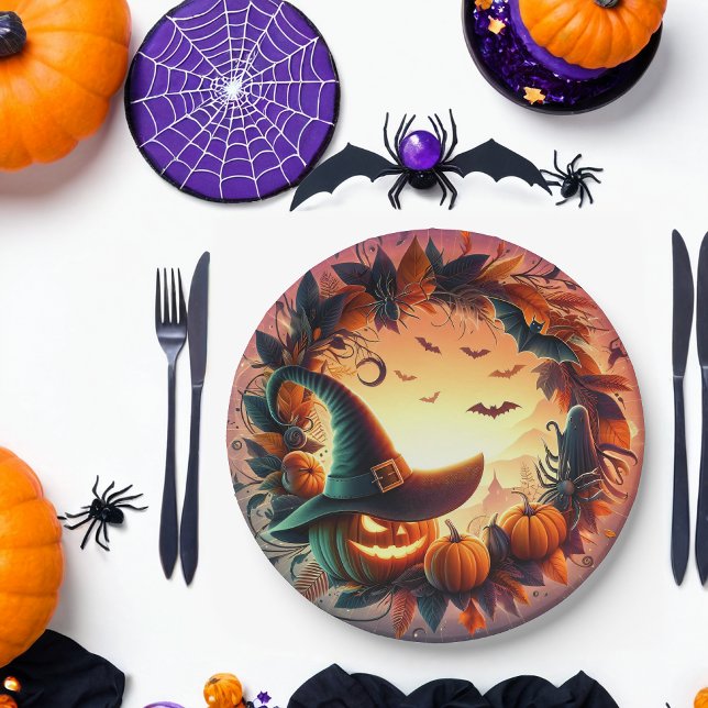 Prato De Papel Placas Noturnas de Halloween Encantadas (Criador carregado)