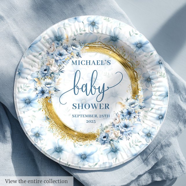 Prato De Papel Placas para bebês de garanhão de ouro azul-pastel  (Sweet pastel blue flower gold boho boy baby plates)