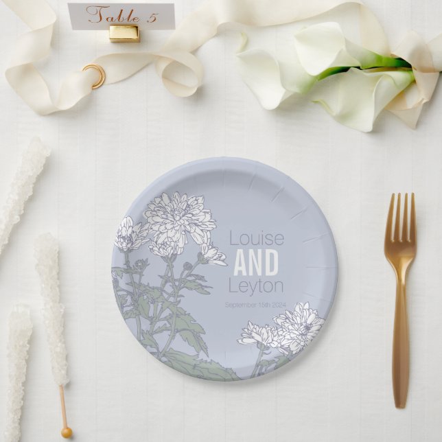 Prato De Papel Placas personalizadas de flores brancas de crisânt (Casamento)