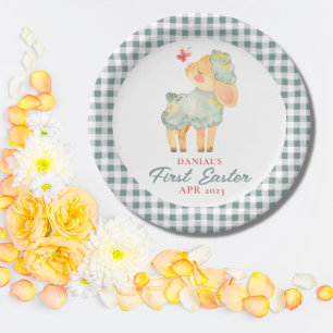 Prato De Papel Plaid Personalizado Cordeirinho Meu Primeiro Pásco