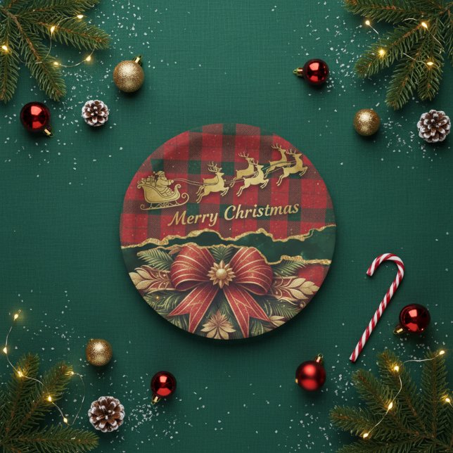 Prato De Papel Plaid Santa Sleigh  Wreath Merry Christmas Gold (Criador carregado)