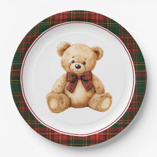 Prato De Papel Plaid Vermelho de Natal Urso de Pelúcia de Inverno