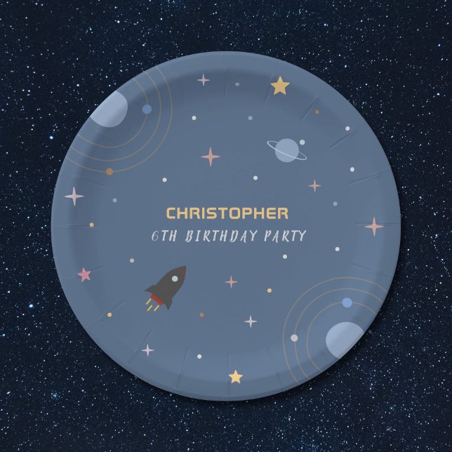 Prato De Papel Planetas e foguetes, Papel de Aniversário do Espaç (Planets & Rocket, Outer Space Birthday Paper Plate)