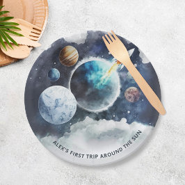 Prato De Papel Planetas Espaciais Exteriores e primeiro aniversar