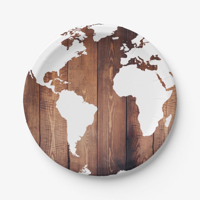 Prato De Papel Planks Rustic Dark Wooden & White World Map (Frente)