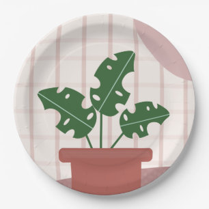 Prato De Papel Plantas Monstera Fundo Xadrez Terracota Rosa
