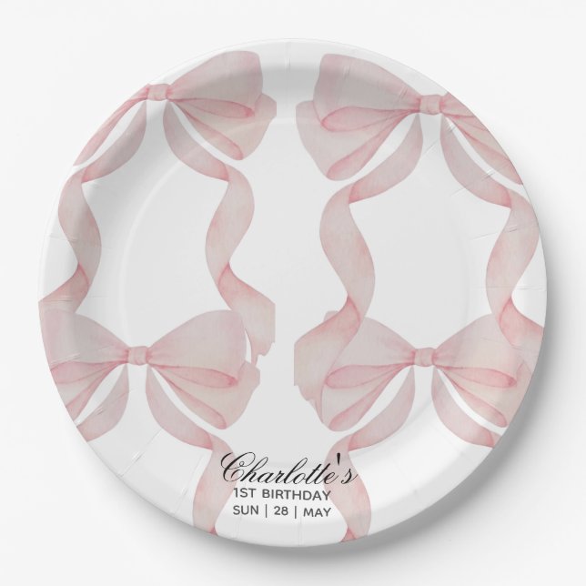 Prato De Papel plate Pink Bow Paper Plate 1st birthday (Frente)