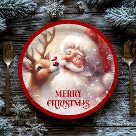 Prato De Papel Playful Santa and Red Nose Rudolph Paper Plates