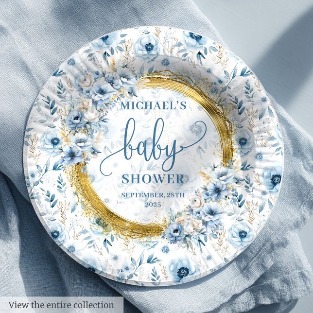 Prato De Papel Playsty azul aquarela flores dourado (Playful dusty blue watercolor flowers gold boy Paper Plates)