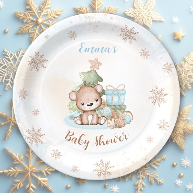 Prato De Papel Podemos Esperar Chá de fraldas de Natal (We Can Bearly Wait Christmas Boy Baby Shower Paper Plates)